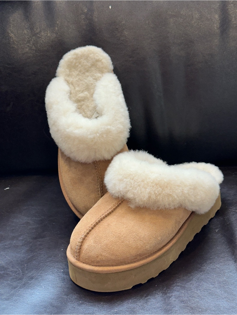 Cozy Shearling-Lined Tan Suede Slip-On Platform Clog US10